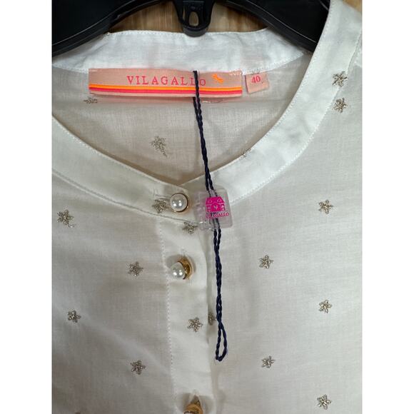 Vilagallo White Star Shirt Size 40 NWOT 3/4 Sleeve Cotton Blend Partial button - Picture 4 of 8